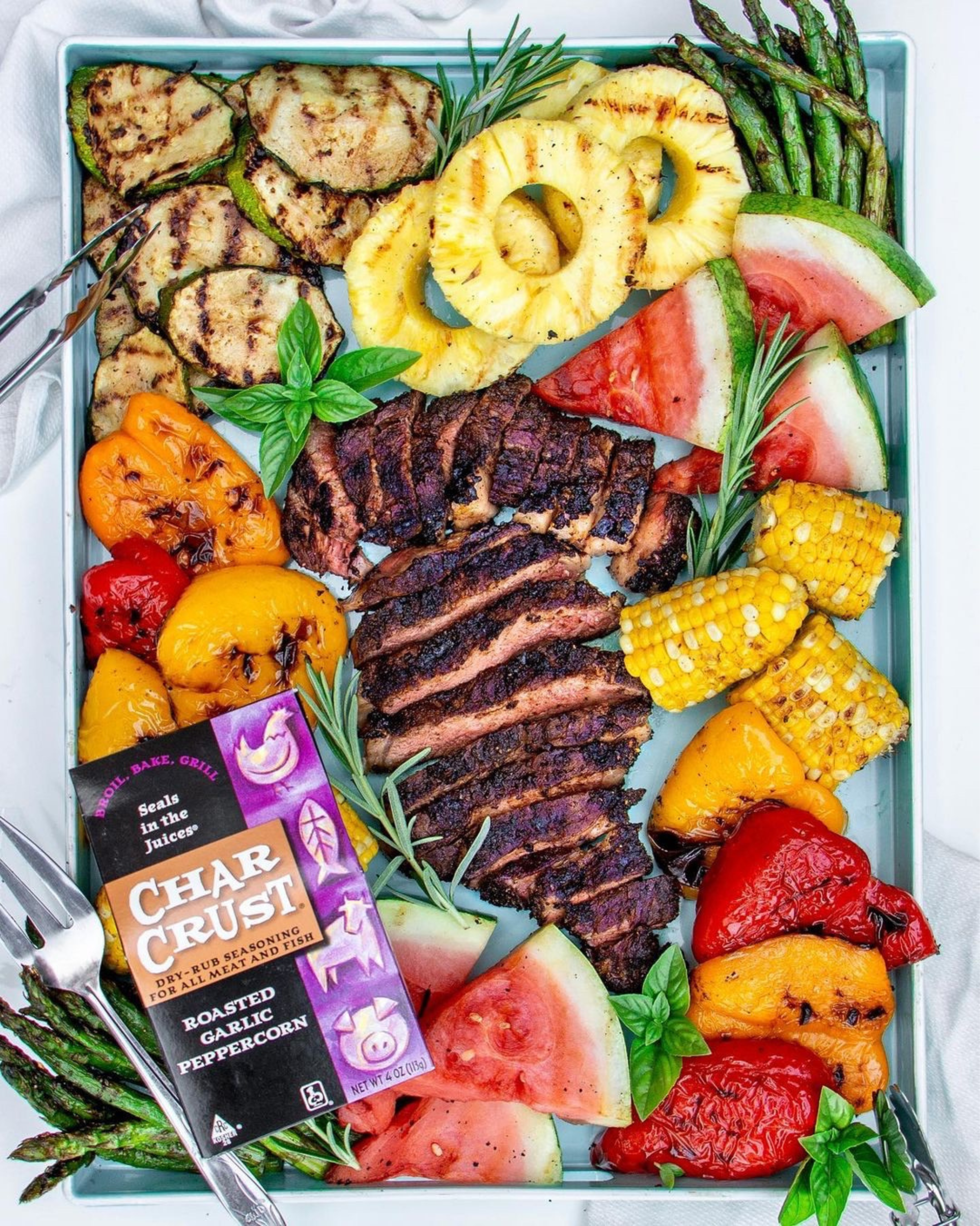 Char Crust® Roasted Garlic Peppercorn is on steak in this recipe with fruits and vegetables. Roasted Garlic Peppercorn is great as a steak rub, chicken rub, pork rub, salmon rub, fish rub, or lamb rub.